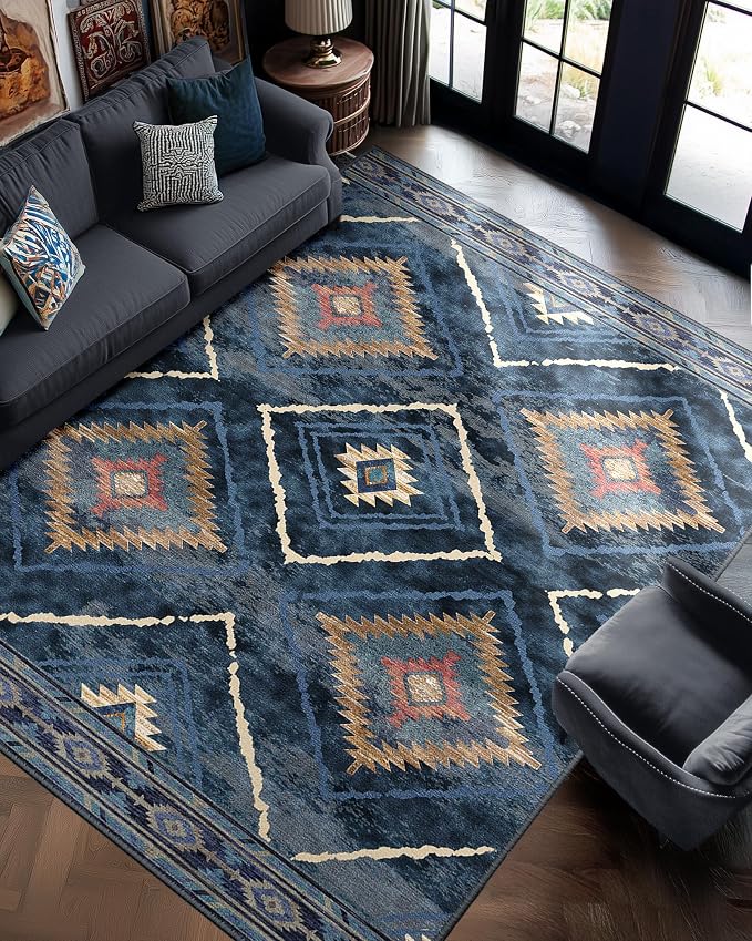 9'x12' Washable Area Rug for Living Room Bedroom Darkblue | Soft Western No Slip Low Pile Print Foldable Indoor for Kitchen Dining Room