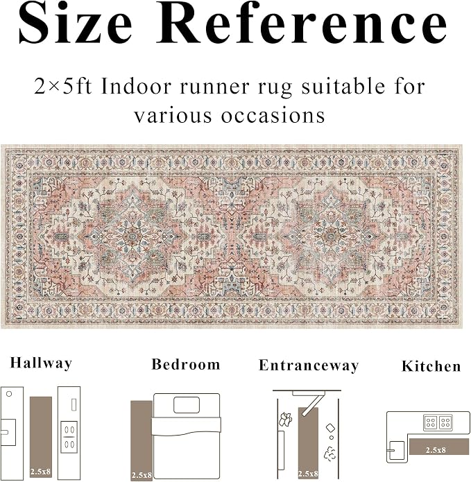 2x5 Vintage Runner Rug Low Pile Non-Slip Washable Kitchen Rug | Retro Distressed Print Rug Non-Shedding Beige Pink Carpet Stain Resistant Long Rug for Hallway Kitchen Bedroom Laundry Room