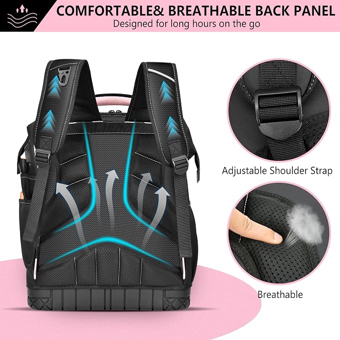 LOKASS Pink Tool Bag for Women, Wide-open Tool Backpack with Double-opening Metal Zipper, Waterproof Tool Storage Tote Bag for Female Workers-Large