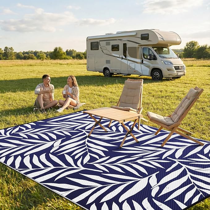 Smiry Outdoor Rug 6x9 ft, Waterproof Reversible Plastic Straw Rugs, Outdoor Area Rug with Leaf Pattern, Outside Floor Mat for Patio, Backyard, Deck, Picnic, Beach, Camping, Navy & White