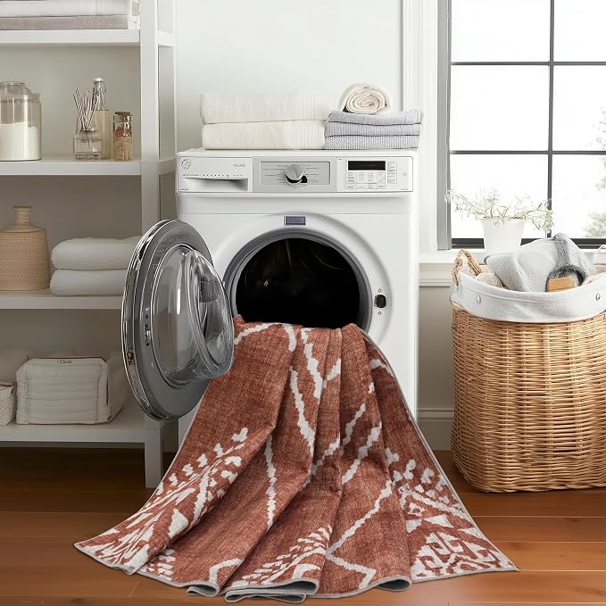 Machine Washable Area Rug Runner - Living Room Bedroom Bathroom Kitchen Entryway Office - Padded Low Pile Stain Resistant Premium - Moroccan Diamond Tribal - Jax - Orange 2'6" x 6'