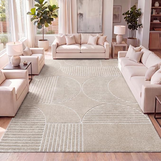 JONATHAN Y Nordby High-Low Arch Striped Indoor/Outdoor Area Rug, 4x6, Beige/Cream, for Patio, Backyard, Living Room, Bedroom, Office, Hose-Washable (SCN104E-4)