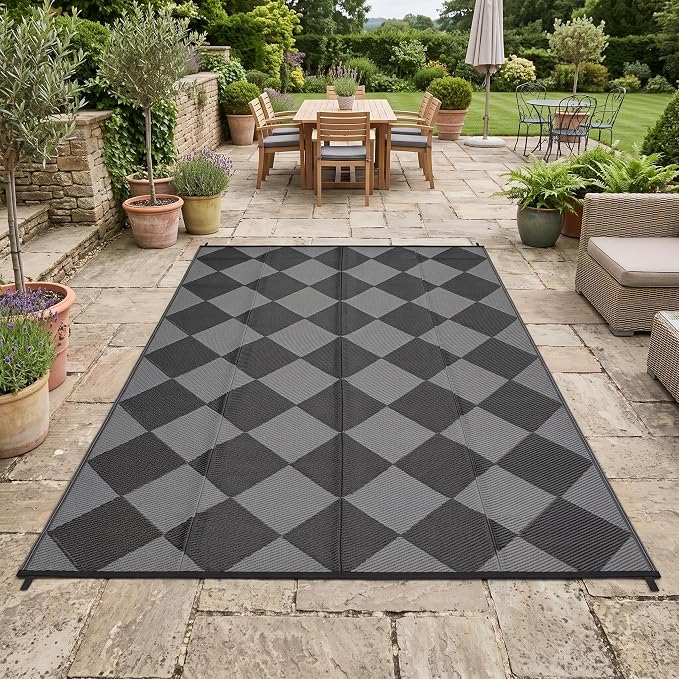 Garvee 8x10 Outdoor Rug Waterproof Plastic Straw Rug Checkered Black | Outdoor Patio Rug, Reversible, Easy Clean, Foldable, Lightweight Large Area Rugs for Porch Backyard Camping RV Beach Balcony