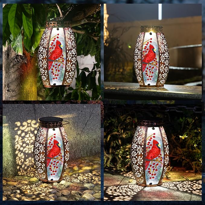 Solar Lanterns Outdoor Hanging Cardinal Garden Decor Light Decorative Waterproof for Women Mom Mothers Grandma Grandparents Birthday Gift