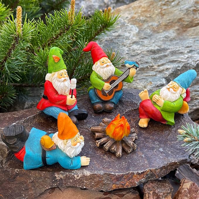 Mood Lab Garden Gnome Figurines - Camping Gnomes Set (5 pcs) - 2.6" H Miniature Decorative Statues & Accessories - Outdoor & Indoor Garden Decor