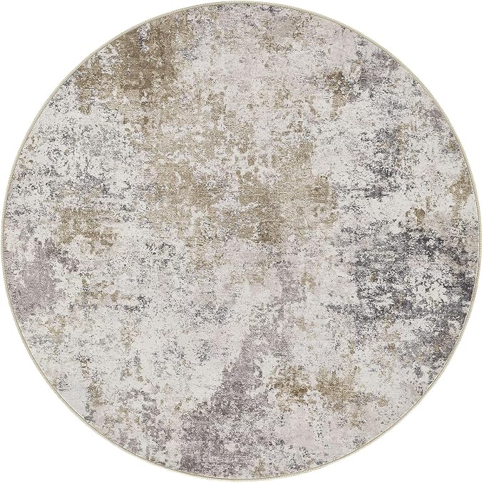 Nakagishi 8X8 Abstract Washable Area Rugs for Living Room-Brown Grey | Modern Non-Slip Silicone Backing Low Pile Soft Carpet for Bedroom Dining Decor Ideal for Families with Kids and Pets