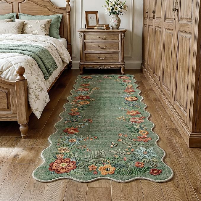 FMFUNCTEX 2x6 Hallway Runner Rug Washable Sage Green Floral Scalloped Boho | Vintage Non Slip Flower Colorful Traditional Low Pile Cottage Indoor Carpet Entryway Rugs Kitchen Bedroom Laundry Bedside
