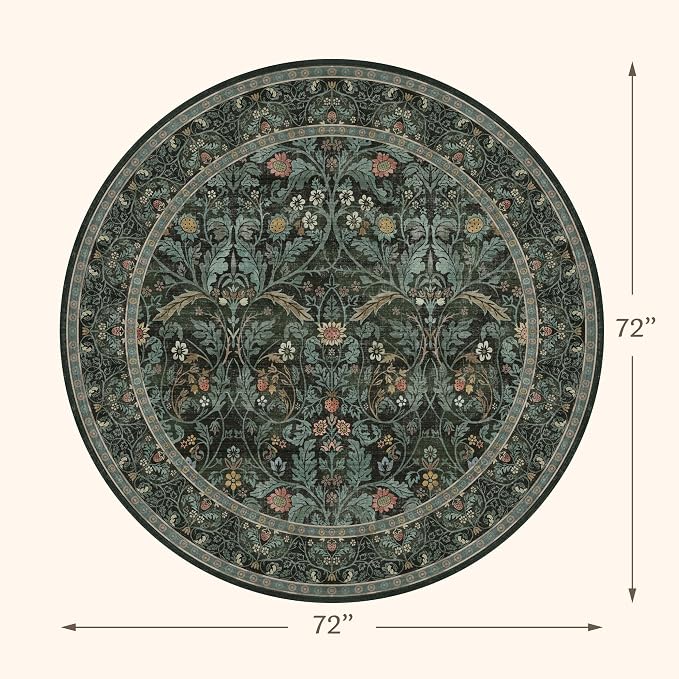 Dark Green 6ft Round Rugs for Dining Room, Living Room, Kitchen, Botanical Floral Washable Circle Area Rug for Bedroom, Traditional Oriental Moody Home Decor Circular Carpet