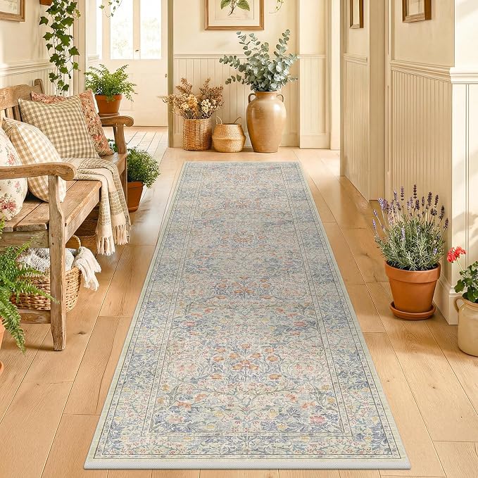 Beige Blue Washable 2x8 Runner Rug for Bathroom, Hallway, Kitchen, Non-Slip & Stain Resistant 8ft Long Entryway Floor Rug, Retro Boho Floral Décor