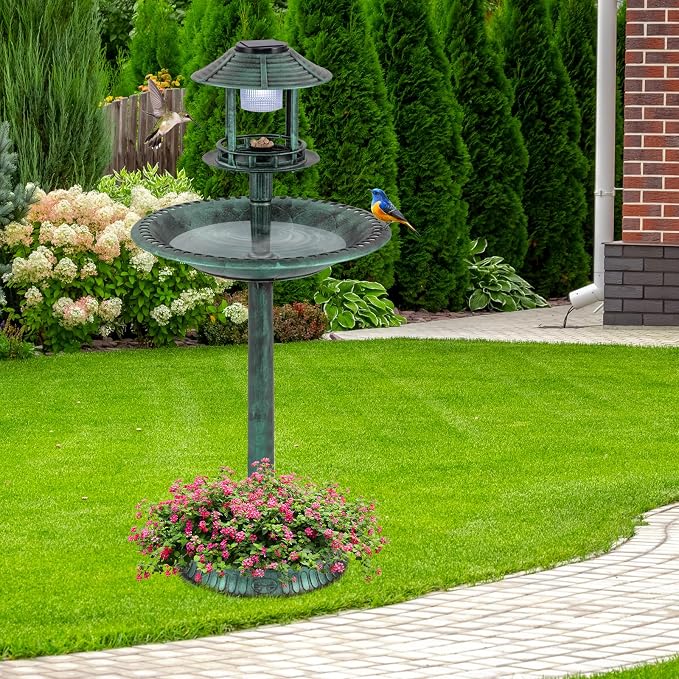 LDAILY Outdoor Bird Bath, 42’’ Solar Lighted Pedestal Birdbaths with Birds Feeder ,20’’ Water Bowl, Flower Planters and 3 Stakes, Attract Birds Antique Bird Bath for Outside Garden, Yard (Green, 42‘’)