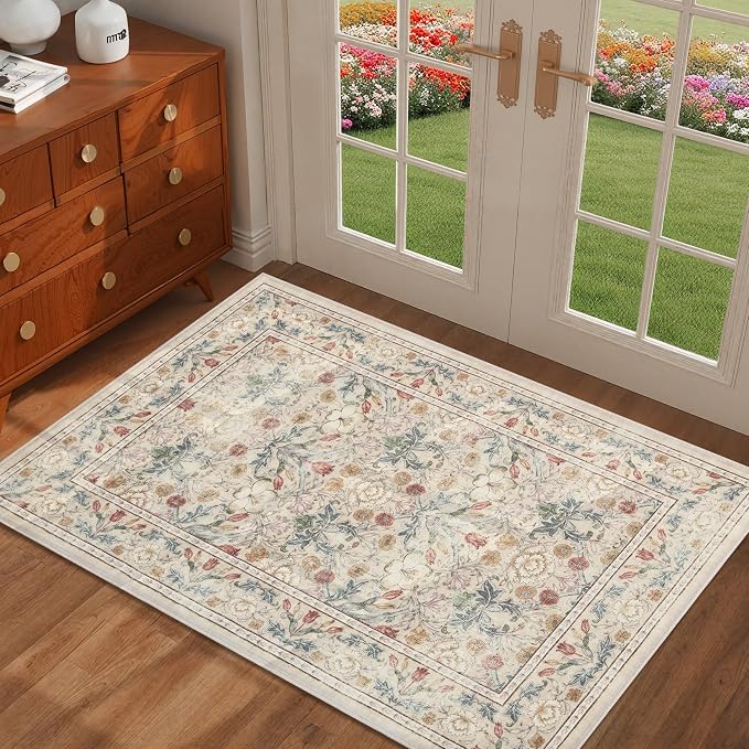 GarveeHome Small Beige Entryway Rug, 2x3 Washable Front Door Rug Indoor Entrance Floral Carpet Non-Slip Low Pile Throw Rugs for Kitchen Floor, Powder Room, Entry, Bathroom, Kids Room