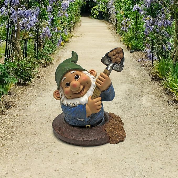 Garden Gnome Statue - Shoveling Sam Gnome-in-A-Hole - Outdoor Garden Gnomes - Funny Lawn Gnome Statues