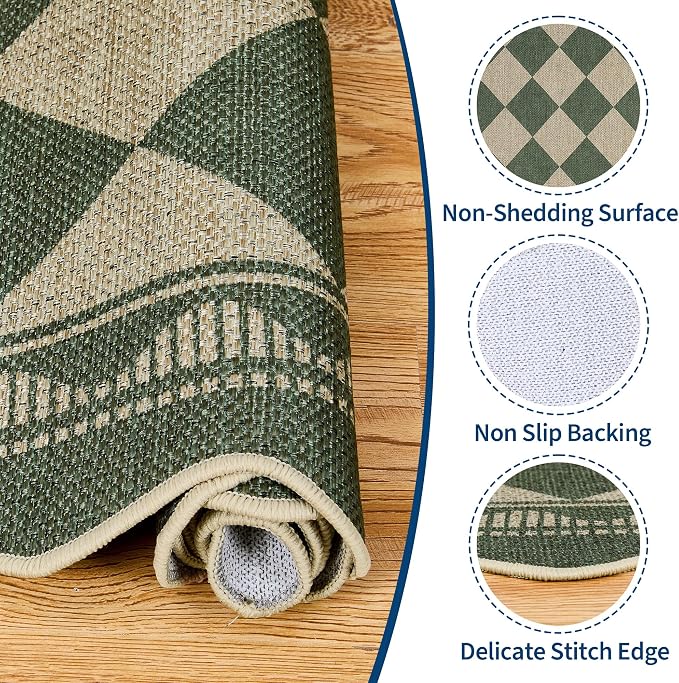 Garvee Easy Jute 2x6 Scalloped Kitchen Rugs Washable Rugs，Green | Indoor Outdoor Washable Rugs for Living Room Low Pile Floor Cover for Entryway Stain Resistant Indoor Carpet for Hallway