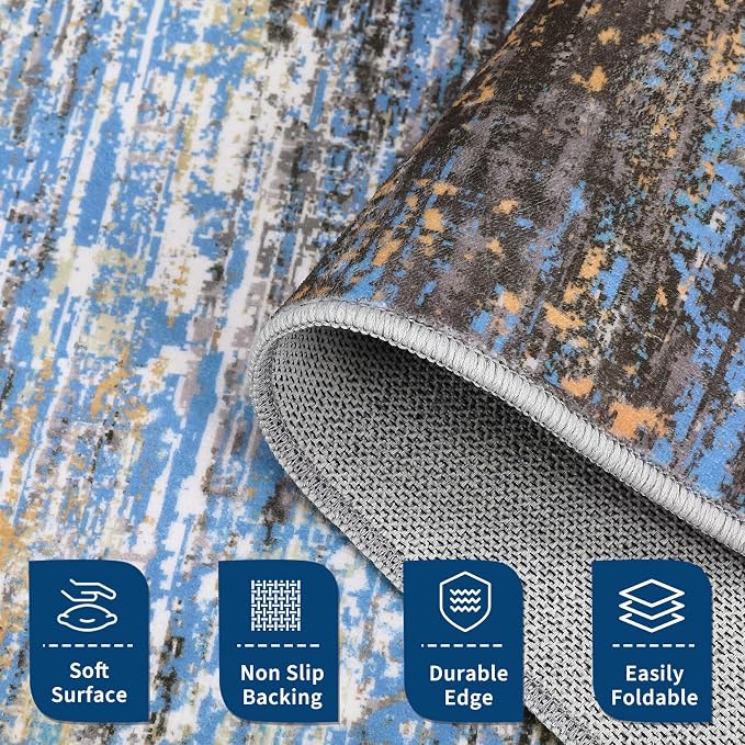ROYHOME Modern Abstract Living Room Rug 10x13, Blue/Brown | Machine Washable Large Carpet, Non Slip Low Pile Rug, Ultra Soft Indoor Floor Carpet for Bedroom Dining Room Table Home Decor