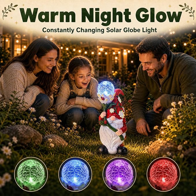 Garden Gnomes Outdoor, Solar Gnome Statue with Ladybugs Flower Decor for Yard, Garden, Patio, Balcony, Porch, Lawn Decor, Funny Gnome Gift for Mom Women Grandma