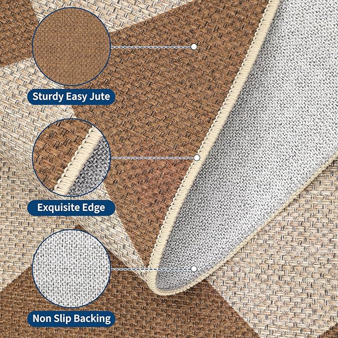 GarveeHome Checkered Easy Jute 5x7 Area Rugs for Living Room Machine Washable Non-Slip Backing Stain Resistant Modern Indoor Outdoor Rugs for Farmhouse Dining Room Patio Brown
