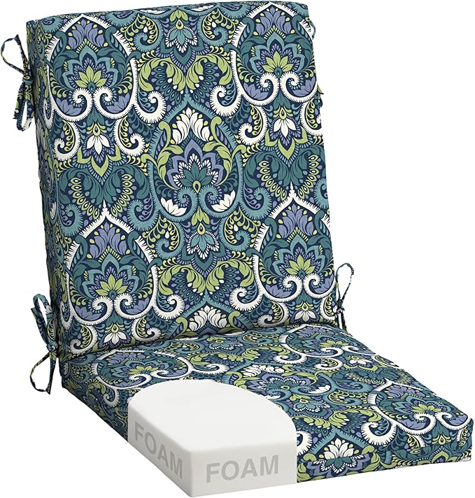 Arden Foam Patio Dining Outdoor Chair Cushions, 20 x 44, Premium High-Density Foam, Never Flattens, Weather-Proof for Outdoor Chairs, Sapphire Aurora Blue Damask