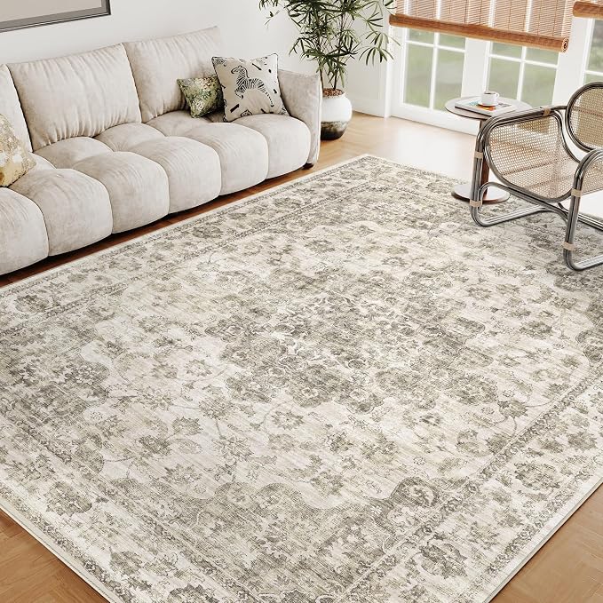 9x12 Taupe Neutral Area Rug | Washable, Non Slip, Soft Low Pile, Vintage Farmhouse, Large, for Living Room Bedroom Dining Room Office Indoor Home Decor