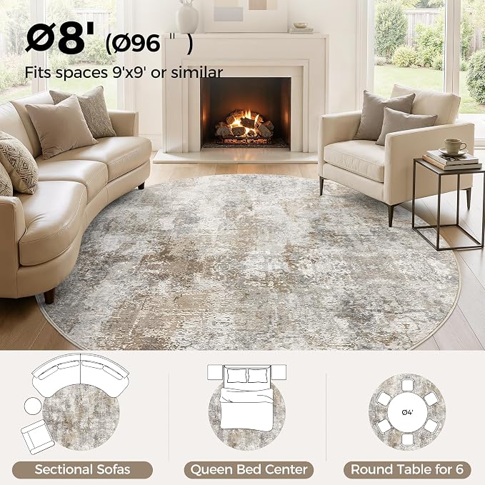 8Ft Round Area Rug Washable Abstract Rugs for Living Room Light Brown/Grey | for Bedroom, Dining Room, Office, Nursery, Soft Neutral, Low Pile Non-Slip, Kid Pet Friendly, Large Indoor Carpet, Home Decor