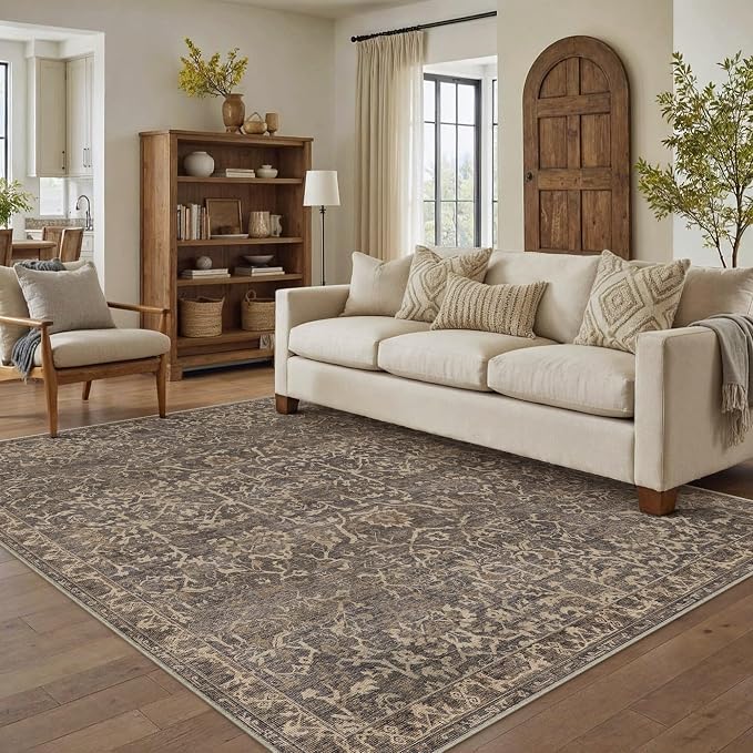 6x9 Brown Vintage Floral Washable Area Rug for Living Room | Low Pile, Non Slip, Retro Style, Soft Distressed Indoor Rug for Bedroom, Dining Room, Kitchen, Entrance, Home Decor