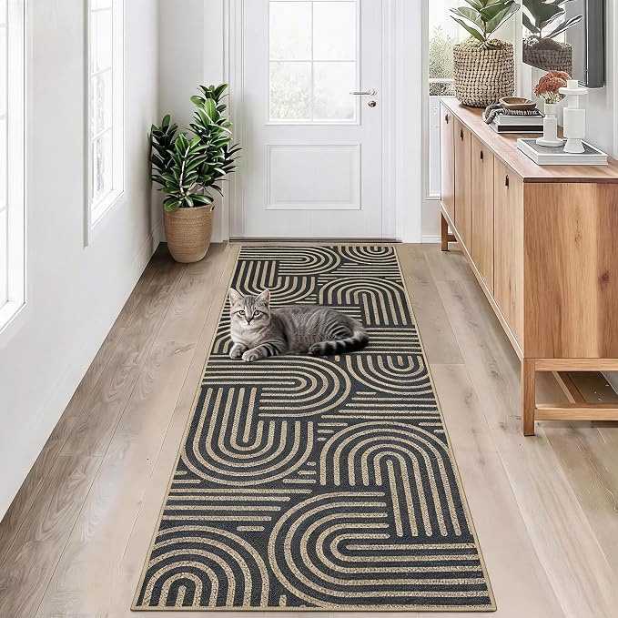 Garvee 2x6 Modern Abstract Kitchen Rugs Washable Rugs for Hallway | Black Rainbow Area Rug Stain Resistant Easy Cleaning Throw Rugs Low Pile Floor Cover for Bedroom Laundry