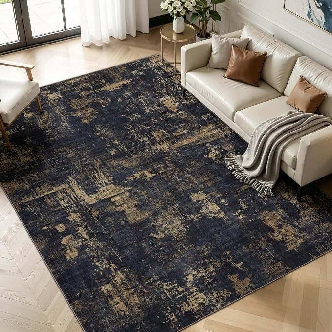 Sasttie 8x10 Washable Area Rug, Modern Abstract Large Rug, Black & Gold | Ultra-Soft Faux Wool, Machine Washable, Low Pile, Non-Slip, Lightweight, Thin, for Living Room, Bedroom, Dinning Room & Dorm