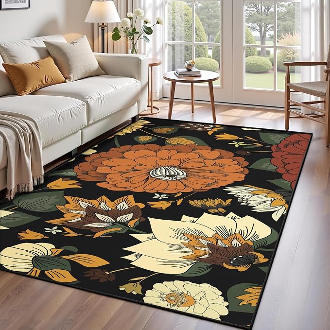 Tyrot Black Boho Floral 3x5 Washable Area Rug Flat Woven Ultra-Thin Low Pile Botanical Rugs Non Slip Indoor Rug for Bedroom, Entryway, Kitchen, Dorm, Kids Room, Nursery