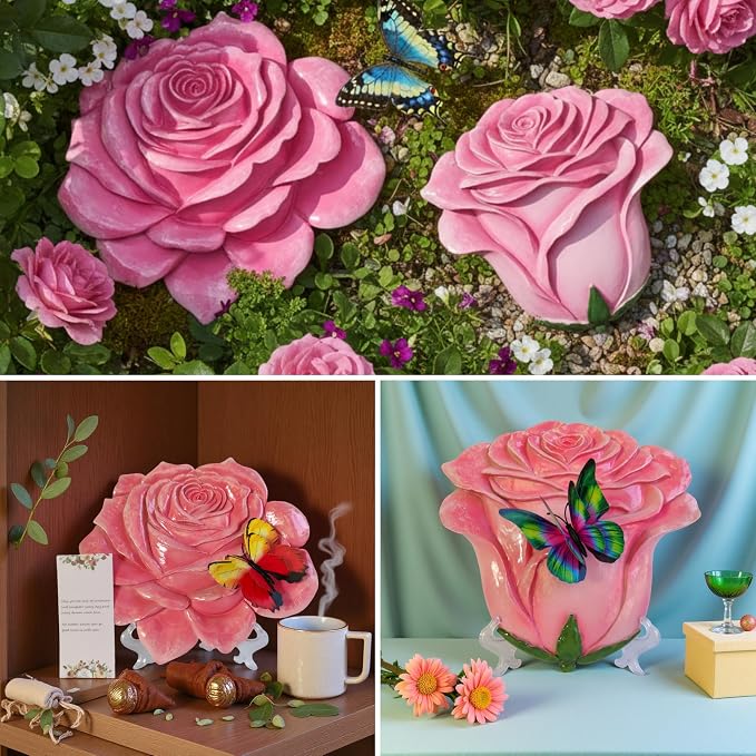 Garden Stepping Stones Outdoor Walkway – Resin Rose Flower Pavers for Path, Lawn & Backyard -Walkway Sculpture Yard Art,Rose Ornament as a for Loved Ones – Set of 2, Pink
