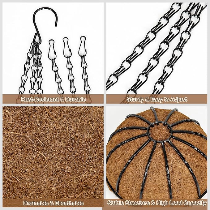 12 Inch Metal Hanging Basket with Coco Coir Liner for Flowers Planting, 2 Pack Hanging Baskets for Plants Outdoor, Round Wire Twisted Planters with Chain for Home Patio Porch Balcony Garden Decor