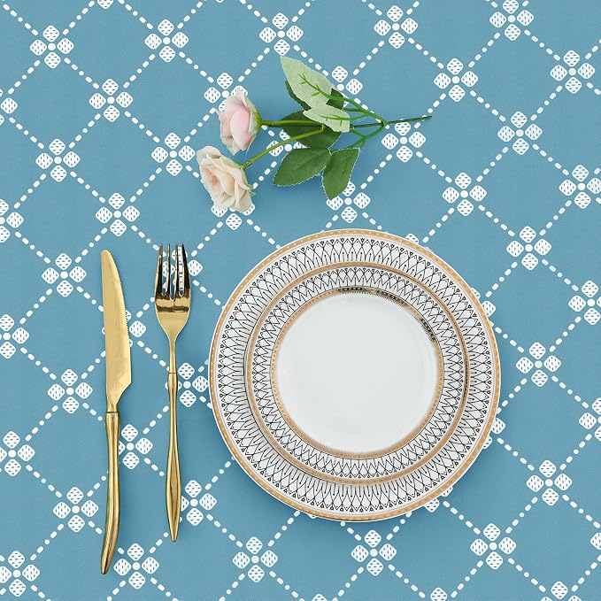 misaya Rectangle Vinyl Table Cloth, Elastic Fitted Tablecloth with Flannel Backing, Waterproof Plastic Table Cover Fits 8 Foot Folding Tables for Picnic, Camping and Outdoor (Lake Blue, 30" x 96")