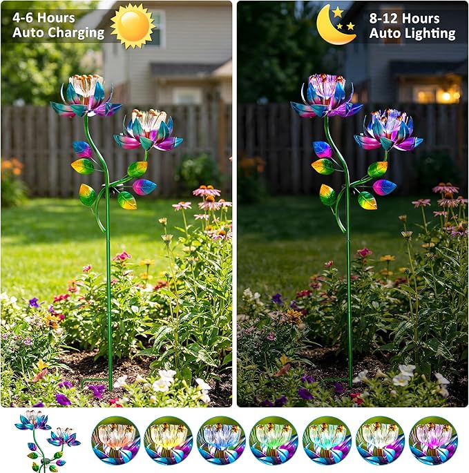 Solar Wind Spinner Outdoor 2-in-1 Garden Decor with LED Lights | Double Lotus Wind Spinner Adds Kinetic Yard Art Charm, Creating A Colorful Rotating Display For Garden Decor, Patio And Lawn