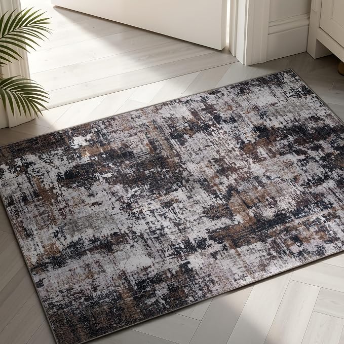 Sasttie 2x3 Entryway Area Rug, Modern Abstract Small Carpet, Black & Brown | Machine Washable, Ultra-Soft Faux Wool, Non-Slip, Low Pile, Thin, for Entrance, Door-Mat, High-Traffic Areas