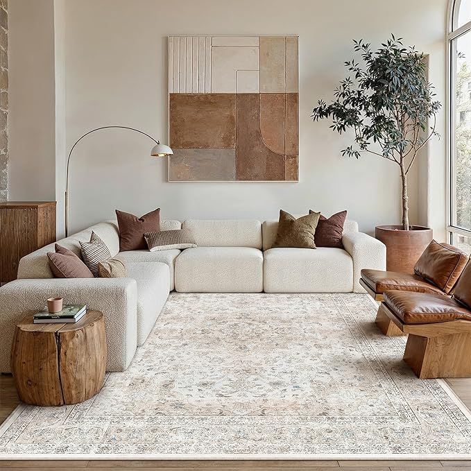 5x8 Washable Area Rug Beige Grey Non Slip Vintage Carpet | Low Pile, Stain Resistant, Living Room, Kitchen, Bedroom, Nursery, Office, Dining Room, Soft, Thin, Lightweight