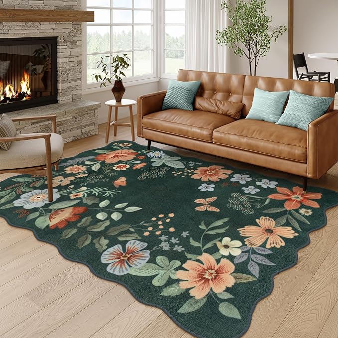 Lahome Floral Washable Living Room Rugs, 5x7 Green Rugs for Bedroom Nursery | Ultra-Thin Soft Non-Slip Stain Resistant Boho Throw Carpet for Dining Room Office Flore Dark, Green