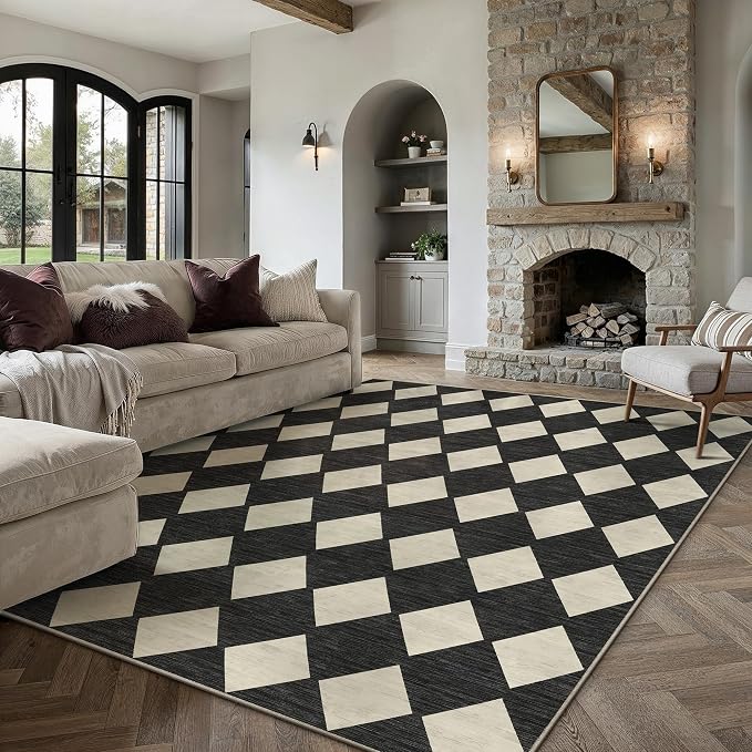 Black 9x12 Washable Area Rug Living Room Non Slip Checkered Carpet | Soft, Low Pile, Easy Clean, Diamond Pattern, for Bedroom, Office, Nursery, Dining Room, Kids Room, Modern Indoor Decor