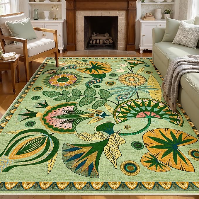 Joydeco Egypt Floral Boho Washable 5x7 Rug for Bedroom Nursery Living Room | Sage Green Botanical Colorful Non Slip Soft Stain Resistant Flower Indoor Carpet for Dining Room Entryway Guest Room Playroom