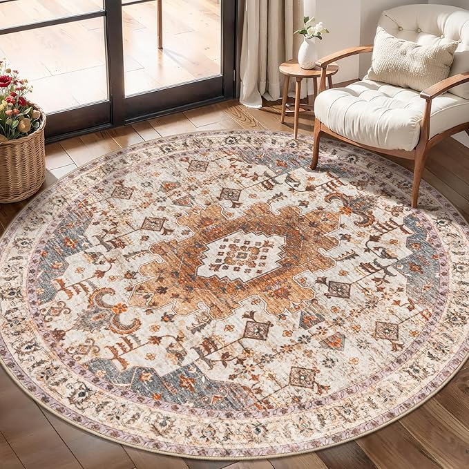 Tangsoo Washable Round Rug 4ft, Oriental Non Slip Small Circle Rug Turmeric | Vintage Soft Low Pile Round Area Rug Carpet, Boho Circular Rugs for Living Room Bedroom Entryway Dorm Office Home Decor