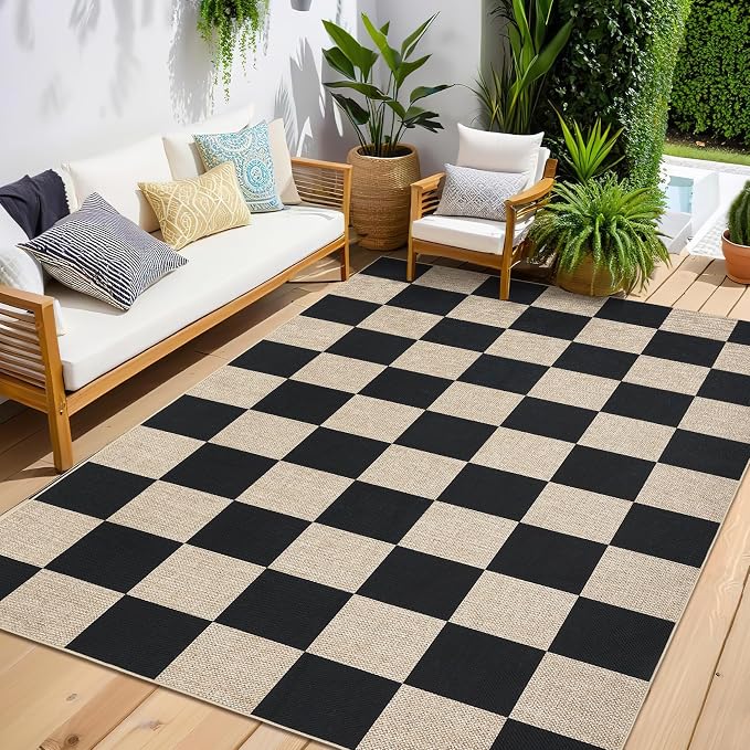 GarveeHome 9x12 Checkered Easy Jute Rugs for Bedroom Machine Washable Large Rugs Non-Slip Backing Modern Neutral Stain Resistance Carpets for Farmhouse Patio Dining Room Backyard Black