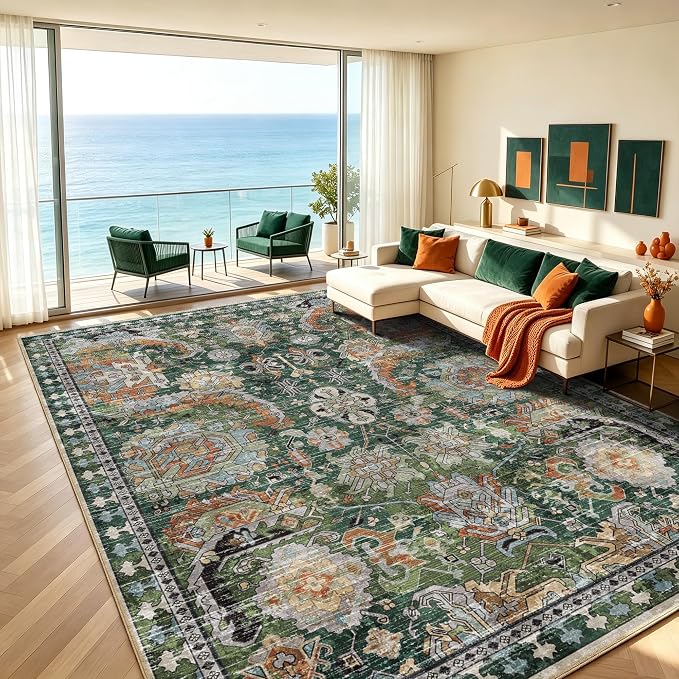Washable Area Rugs - Perfect for Living Room, Bedroom, Kids Room, Nursery - Stain & Water Resistant Non-Slip, Pet & Child Friendly, Vintage Tribal Area Rugs (Green, 9' x 12')