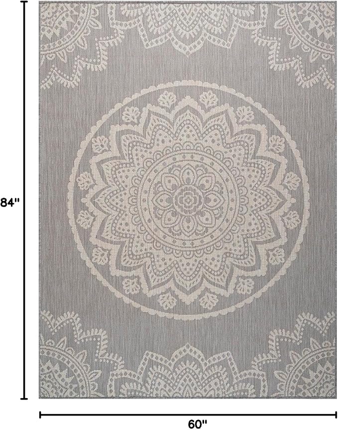 CAMILSON Outdoor Rug 5x7 Modern Area Rugs for Indoor and Outdoor Patios and Porches - Waterproof, Washable, Non-Shedding, Easy-to-Clean Outside Carpet (5 x 7, Medallion - Grey/White)