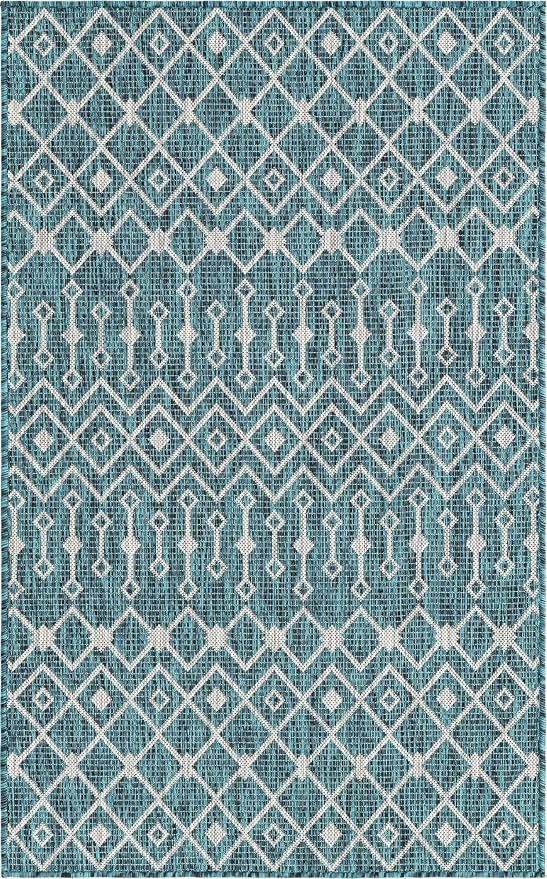Unique Loom Outdoor Trellis Collection Area Rug - Tribal Trellis (3' 3" x 5' 3" Rectangle, Teal/ Ivory)