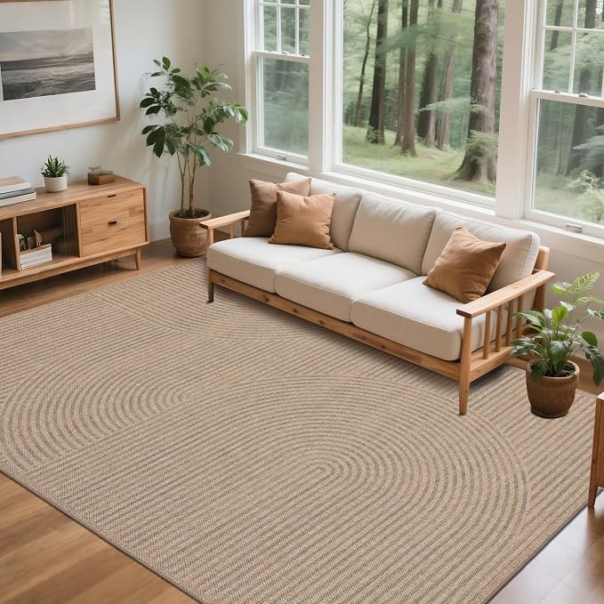 Easy Jute Rug 6x9 Outdoor: Natural Area Rugs for Patio Linen-Look Fabric Durable - Neutral Washable Carpet for Living Room Bedroom - Swirl Curved Pattern