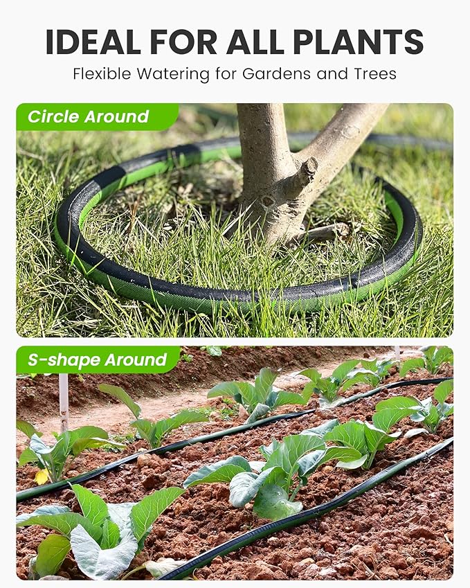 RAINPOINT 50FT Flat Soaker Hose, Flexible & Leakproof Drip Hose with Anodized Aluminum Fittings, Double Layer 80% Water-Saving Gardening Irrigation Hose, Green