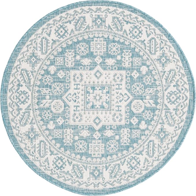 Unique Loom Outdoor Aztec Collection Area Rug - Chalca (3' 3" Round, Aqua/ Ivory)