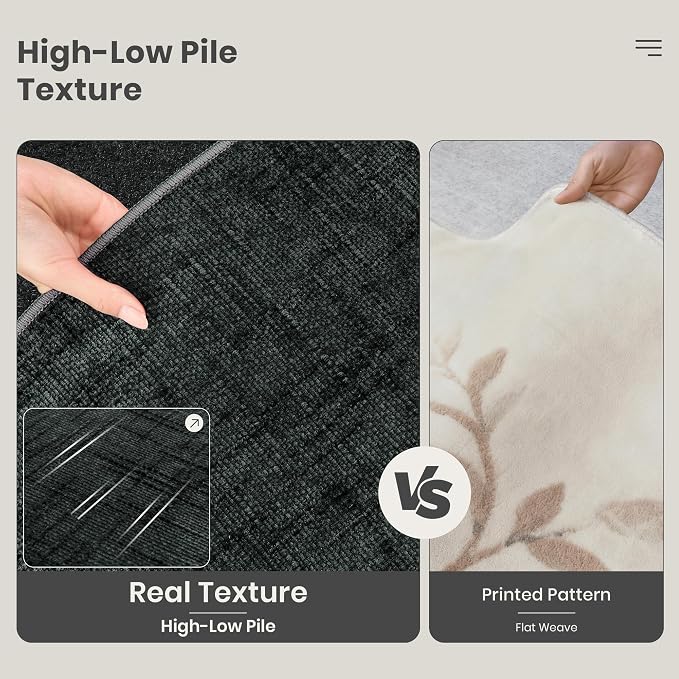 Valenrug 4x6 Area Rug, High-Low Pile Black Washable Rug for Bedroom Black | Soft Fluffy Textured Design, Non Slip & Lighweight, Folable, Stain Resistant Floor Carpet Rug for Living Room,Kitchen, Office