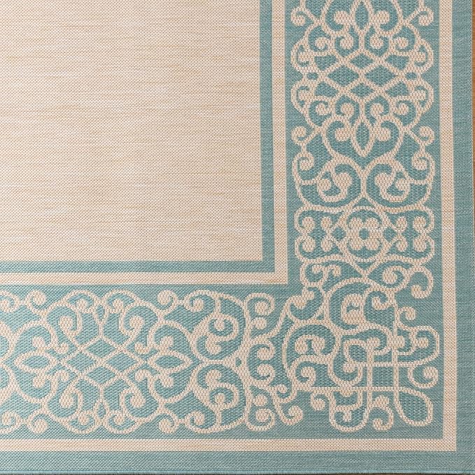 Gertmenian Indoor/Outdoor Flatweave Area Rug - 9x13 Extra Large, Stain & UV Resistant, Ideal For Deck, Patio, Poolside, Mudroom - Abstract Border, Aqua Blue Cyan, 22964