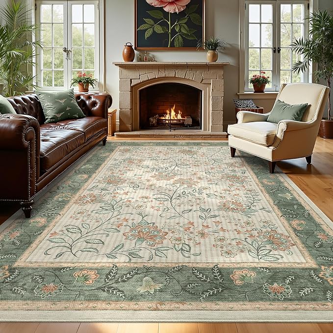 GarveeHome 8x10 Sage Green Washable Area Rug Living Room Bedroom Non Slip | Botanical Floral Print Rug Soft Floor Mat Carpet Indoor Thin Cottage core Rug for Dining Room Playroom Nursery Room