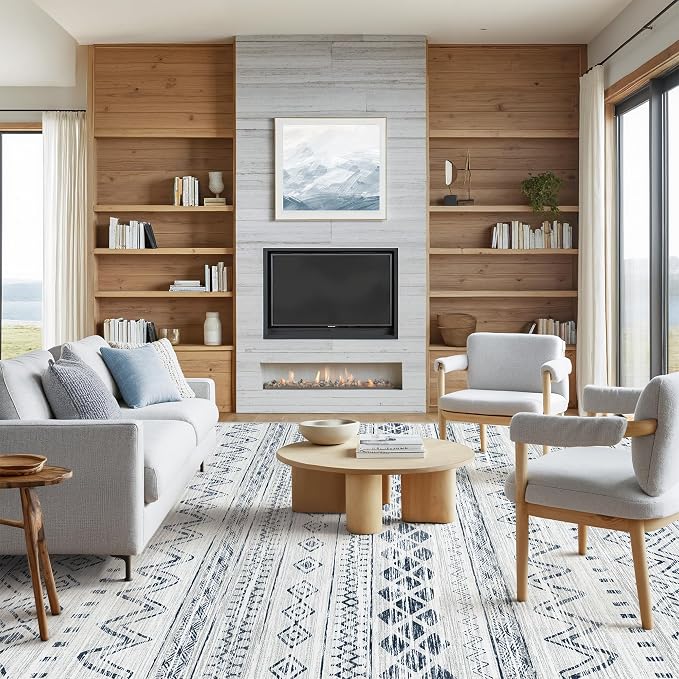 Miukiki 8x10 Area Rug for Living Room, Washable Soft Non Slip Rug Blue | Moroccan Large Indoor Rug for Kitchen Bedroom Dining Room Office, Low Pile Soft Floor Carpet Home Decor 8'x10'