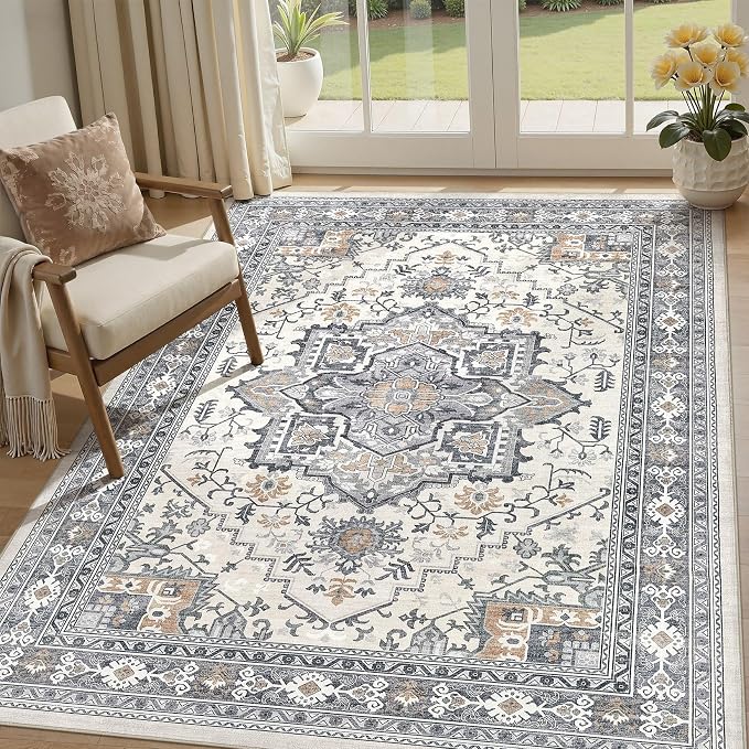 UERMEI 5x7 Area Rug Living Room Rugs - Washable Vintage Soft Large Rug Indoor Floor No Slip Rug Carpet for Bedroom Farmhouse Under Dining Table Home Office Decor - Grey-Orange