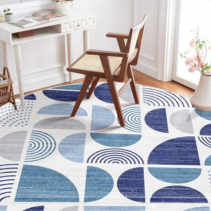 Round Rugs 6ft,Circle Area Rug Washable Non Slip Modern Abstract | Large Circular Rugs for Living Room Dining Room Boho Throw Carpet Soft Low Pile Floor Indoor Bohemian Navy Blue